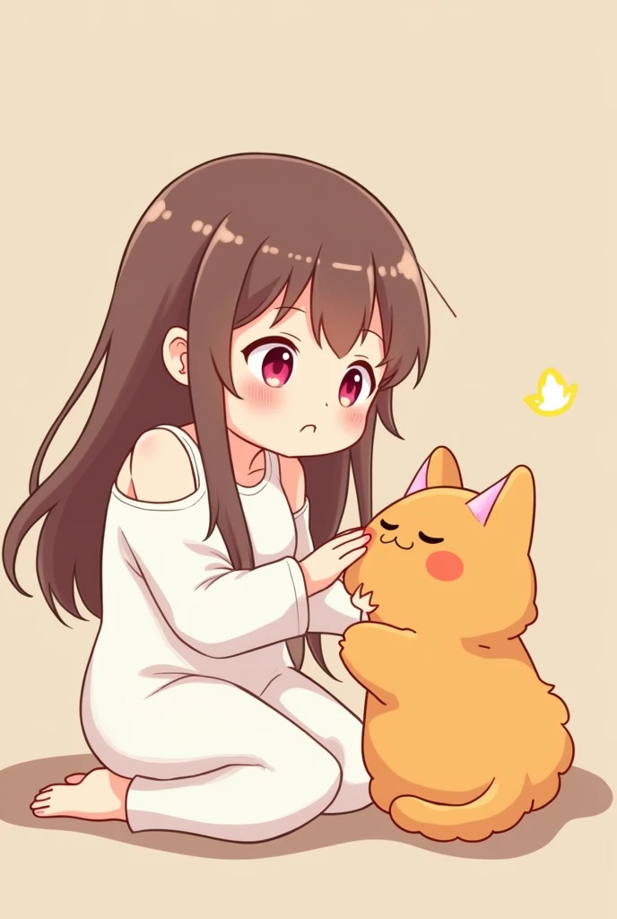 Anime chibi girl , brown hair , long hair , pink eyes , friendly eyes , white long sleeve t shirt , open shoulders , pets a cat , orange fluffy cat , side view