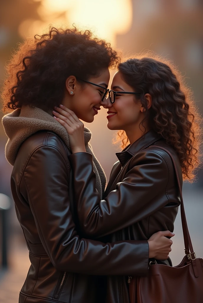 Woman curly hair leather jacket handbag with her teenage daughter with glasses, they kiss 