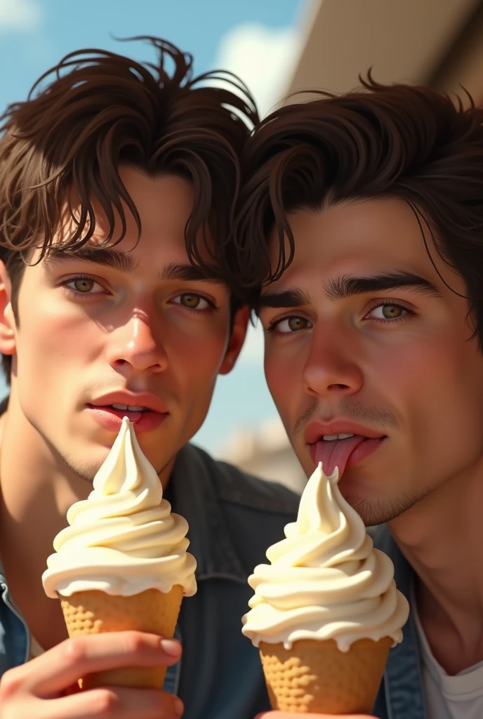 2 men,licking ice cream, his beautiful lips, square face, wave  short hair,licking ice cream close portion realistic image, not cartoons