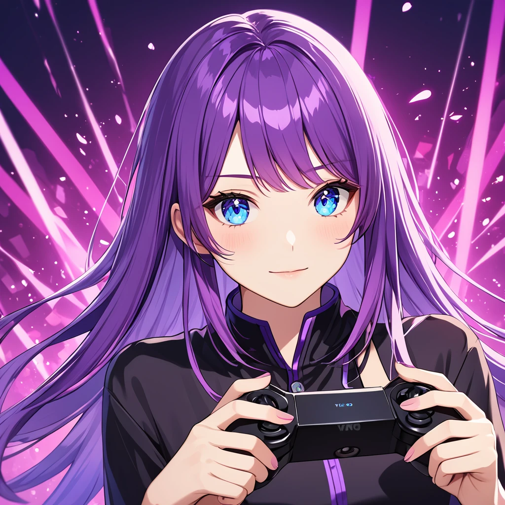 Purple hair, blue eyes, holding a game joystick