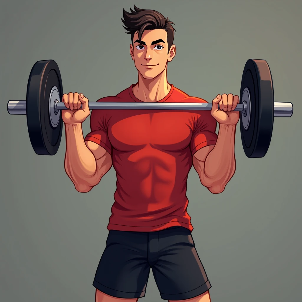 best quality, masterpiece, fill frame, zoomed out, character design, full body, head to toe, cell shading art, poster of handsome young man, slim build, wearing plain red tshirt and black shorts, gentle smile while lifting a straight barbell, no nipples, perfect fingers, perfect hands, perfect face, perfection, no background