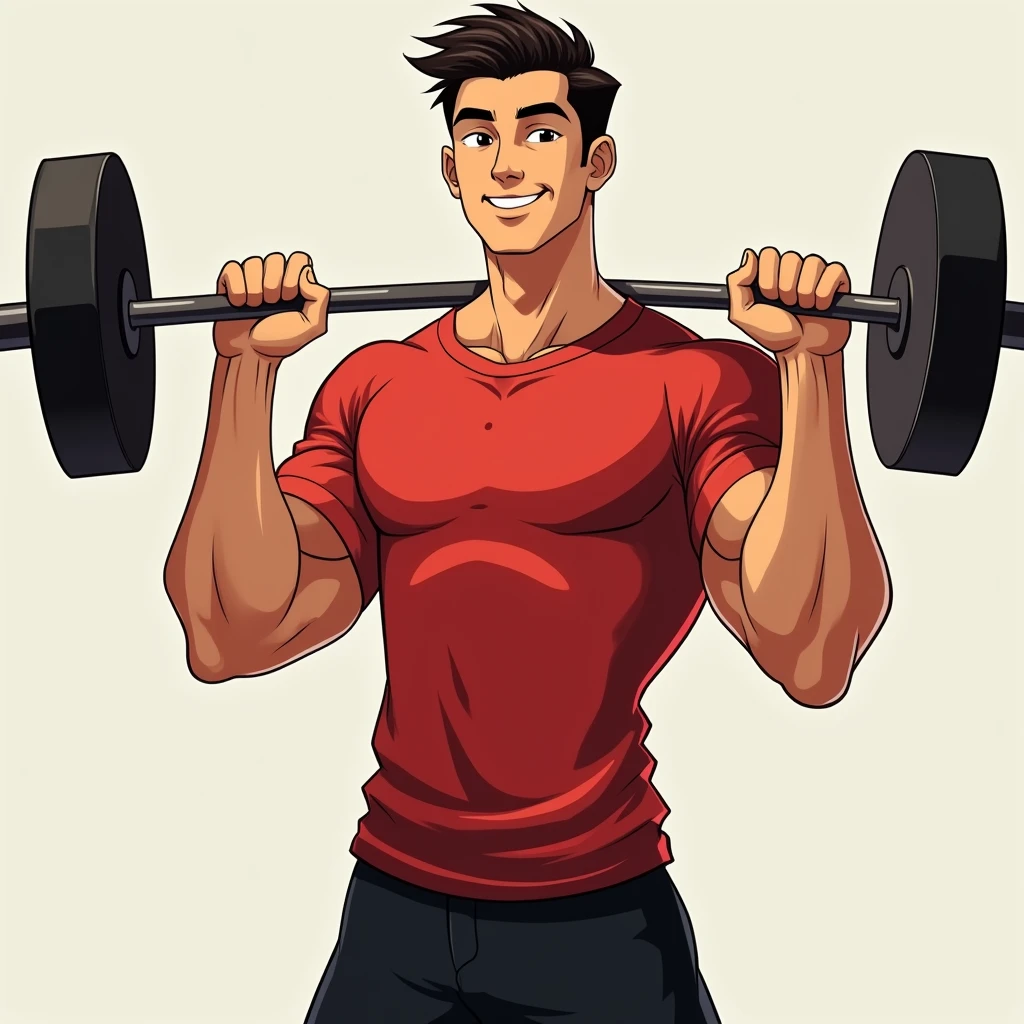 best quality, masterpiece, fill frame, zoomed out, character design, full body, head to toe, cell shading art, poster of handsome young man, slim build, wearing plain red tshirt and black shorts, gentle smile while lifting a straight barbell, no nipples, perfect fingers, perfect hands, perfect face, perfection, no background
