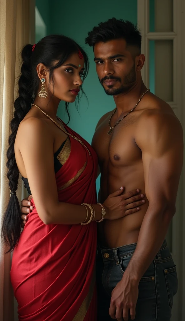 hot slim curvy white south indian milf with long single plaited hairstyle, big breast, big hip, very big ass, thick thighs, woman wearing saree pallu down, cleavage, indian couple, very short indian black man with short haircut, muscular body and big moustache, man wearing shorts, woman with man, couple in house, high resolution, couple looking at camera, tall woman and short man, close-up potrait, Closed Mouth, serious face, front full body view, bright lighting, man choking woman neck, group of man and one woman