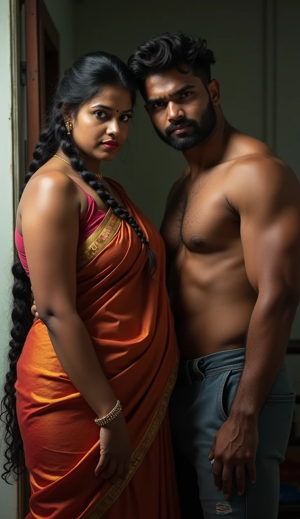 hot slim curvy white south indian milf with long single plaited hairstyle, big breast, big hip, very big ass, thick thighs, woman wearing saree pallu down, cleavage, indian couple, very short indian black man with short haircut, muscular body and big moustache, man wearing shorts, woman with man, couple in house, high resolution, couple looking at camera, tall woman and short man, close-up potrait, Closed Mouth, serious face, front full body view, bright lighting, man choking woman neck, group of man and one woman