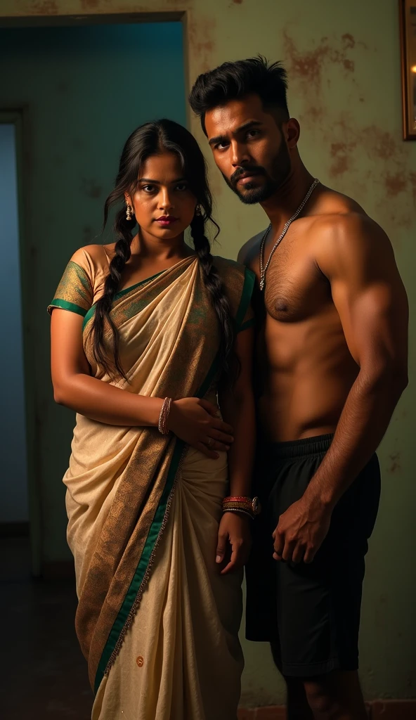 hot slim curvy white south indian milf with long single plaited hairstyle, big breast, big hip, very big ass, thick thighs, woman wearing saree pallu down, cleavage, indian couple, very short indian black man with short haircut, muscular body and big moustache, man wearing shorts, woman with man, couple in house, high resolution, couple looking at camera, tall woman and short man, close-up potrait, Closed Mouth, serious face, front full body view, bright lighting, man choking woman neck, group of man and one woman