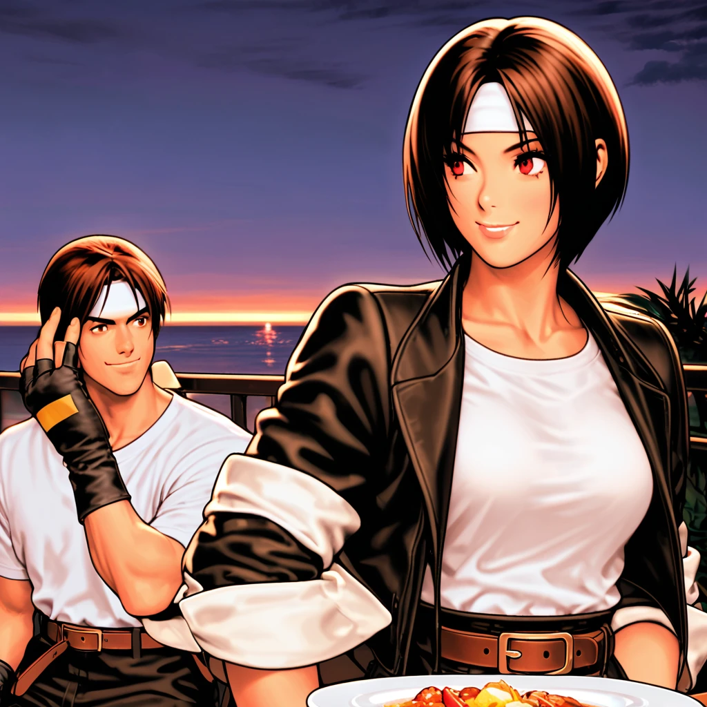 flirtatious,single,female,short hair,dark hair,sallow skin, ((white headband)),red eyes,black jacket (rolled up arms),fingerless gloves,white t-shirt,black pants,white shoes,brown belt,cute,indoor-oriented,night,night breeze,ocean view,slightly busty,outdoors,high quality,well-developed face , fine, confident smile, dining with friends at a terrace restaurant, eating Hawaiian food.