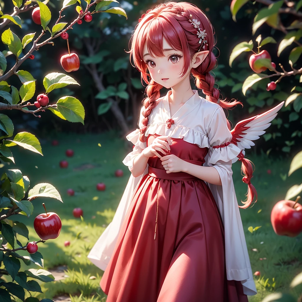 The little apple tree elf puts on a red, plump bud skirt，Like a red apple hanging on a branch。Tied a fluffy side braid，An apple hair band is tied at the end of the hair，There is a delicate apple hairpin on it.，The color of the wings is pink，Shine through the light，Extremely beautiful。