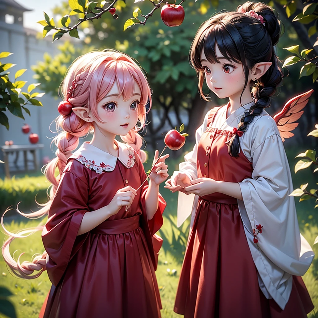 The little apple tree elf puts on a red, plump bud skirt，Like a red apple hanging on a branch。Tied a fluffy side braid，An apple hair band is tied at the end of the hair，There is a delicate apple hairpin on it.，The color of the wings is pink，Shine through the light，Extremely beautiful。