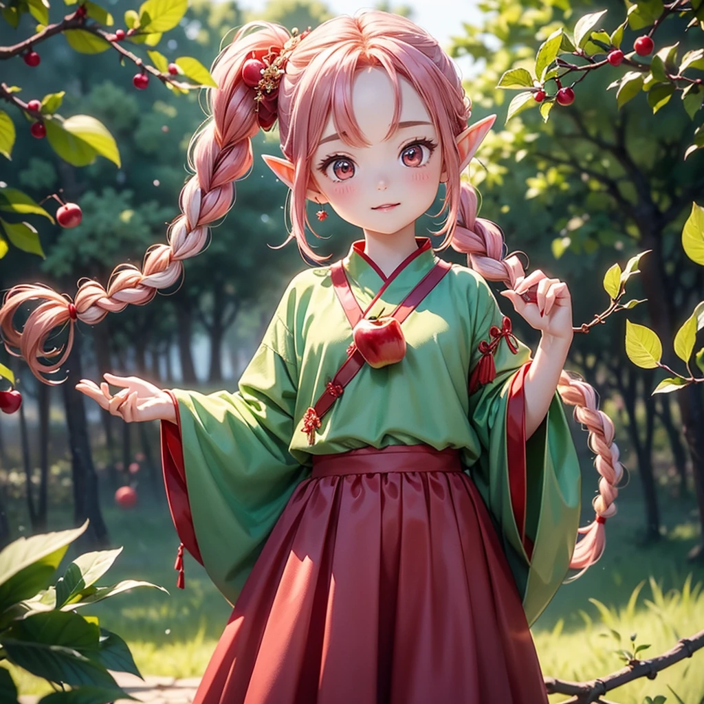 The little apple tree elf puts on a red, plump bud skirt，Like a red apple hanging on a branch。Tied a fluffy side braid，An apple hair band is tied at the end of the hair，There is a delicate apple hairpin on it.，The color of the wings is pink，Shine through the light，Extremely beautiful。