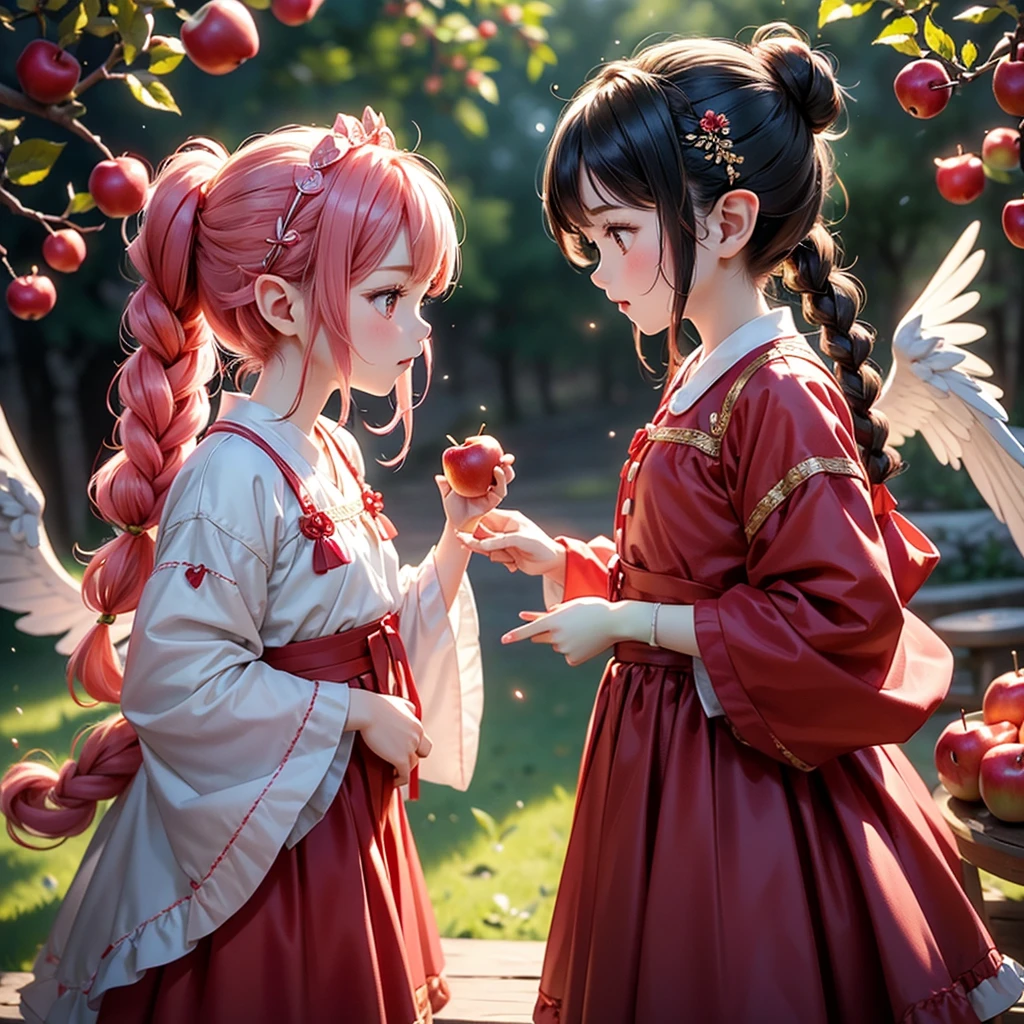 The little apple tree elf puts on a red, plump bud skirt，Like a red apple hanging on a branch。Tied a fluffy side braid，An apple hair band is tied at the end of the hair，There is a delicate apple hairpin on it.，The color of the wings is pink，Shine through the light，Extremely beautiful。