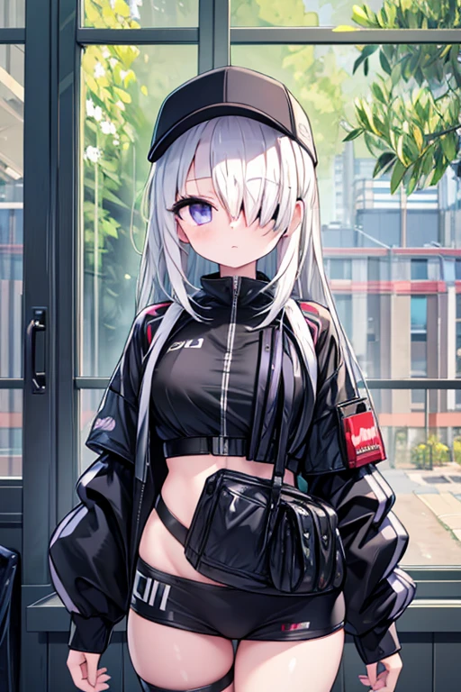 masterpiece, Highest quality, 4K, Ultra-high resolution, mishoujo, Painting, Beautiful eyes and fine face, figure, Beautiful details, high resolution figure, Shine_white_particle, One person, white hair, Light purple eyes, Hair on one eye, Short side details, Baseball cap,Expressionless, Window Shades, Black jacket, Chest Rig, cyber punk, Techwear,(Impressionism:1.4)