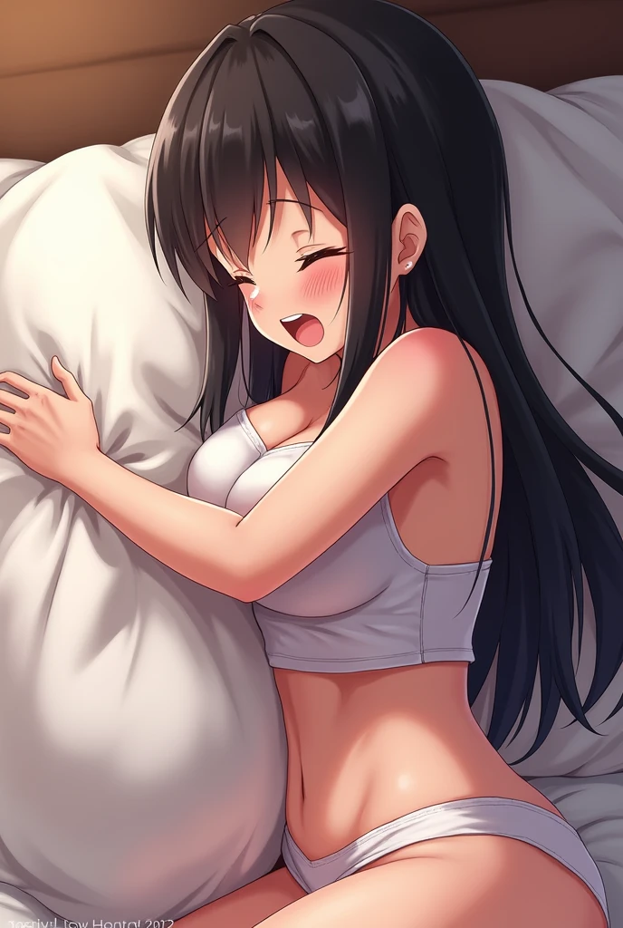 Horny anime girl humping pillow to masturbate, big tits, long black hair, moaning, blushing and sweating
