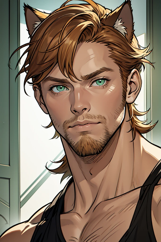 (masterpiece)，(Very detailed)，(Very detailed)，(best quality), perfect lighting, mature male, ((short messy ginger hair)), tall, stunning, beautifull face, green cat eyes, cat ears, tanktop, animated style, perfect face, jaw, highest detail, stubble, detailed face, intricate details, expresionless