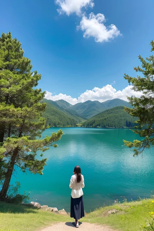 a woman in her 20s facing away in the distance in the middle, surrounded by a lake and forest, clear blue sky with some clouds