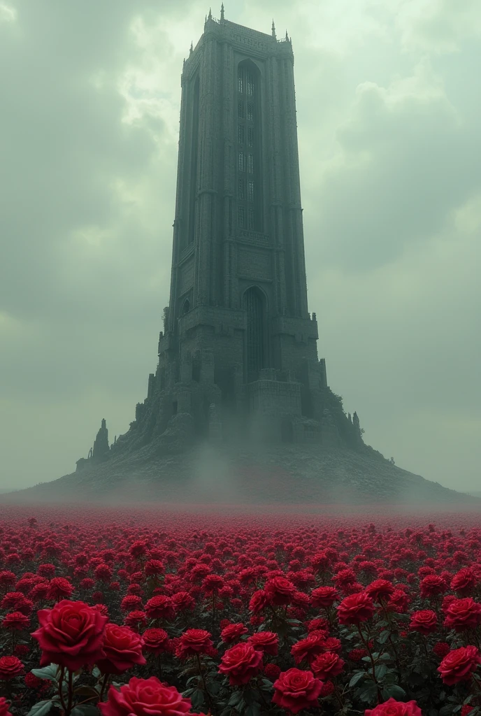 the dark tower from stephen kings book series, in the middle of a field of rose
