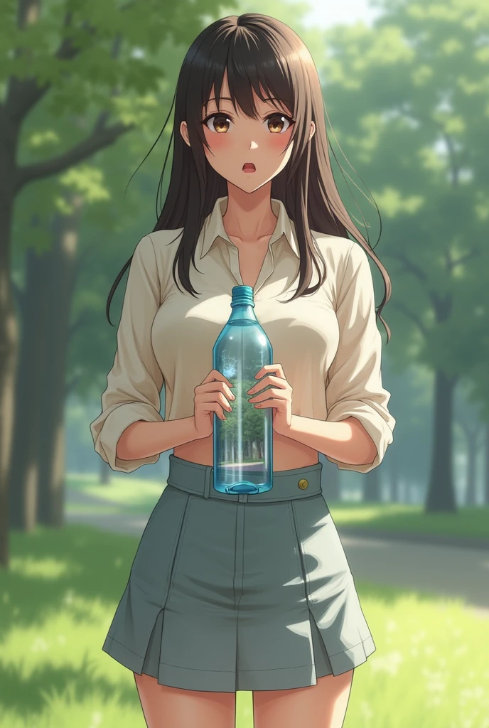 One woman,25-years old,large full breasts,a park,Daytime,Looking over here,Front Angle,Mouth is open,Have a plastic bottle,So that the whole body is reflected,a miniskirt,The shirt,Valley,Very delicate,Realistic as a photo,Japan women,cute  face