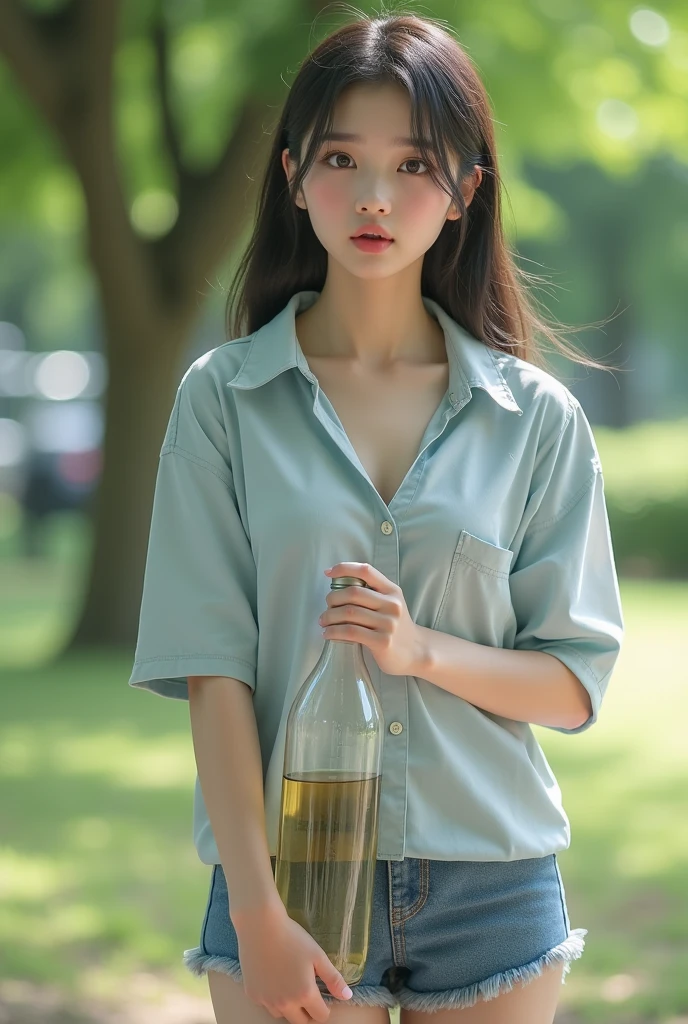 One woman,25-years old,large full breasts,a park,Daytime,Looking over here,Front Angle,Mouth is open,Have a plastic bottle,So that the whole body is reflected,a miniskirt,The shirt,Valley,Very delicate,Realistic as a photo,Japan women,cute face