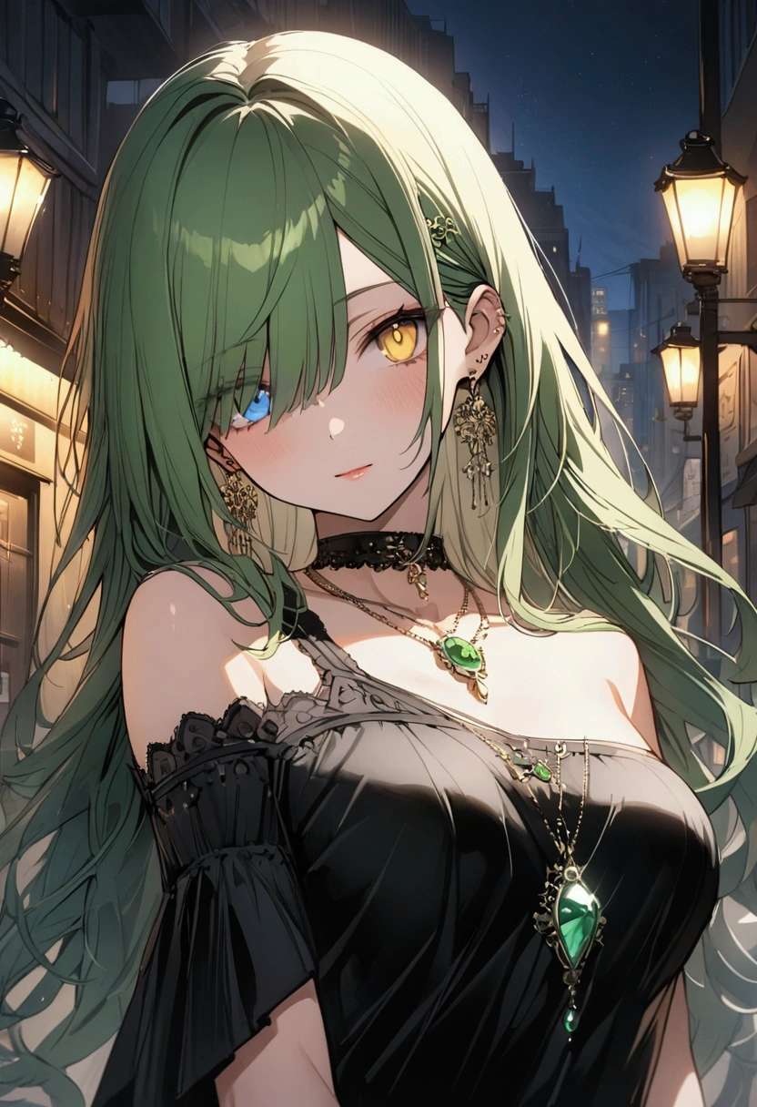 (((anime))) One woman,Gal,long hair,(Green Hair),Oblique bangs,Earrings that cover one eye,necklace,(Jade Gemstones),Collar with jewels,Gemstone light reflection cool,Look this way,Heterochromia iridis,Blue eyes,(Yellow Eyes),Big pupils One-shoulder dress,Volume sleeve,(black),Hisui's writing,Green Night,City of night,signboard,Street lamp light,Backlight,masterpiece,Highest quality,Exquisite,8k,Absurd,Ultra-fine illustrations,(View your viewers)