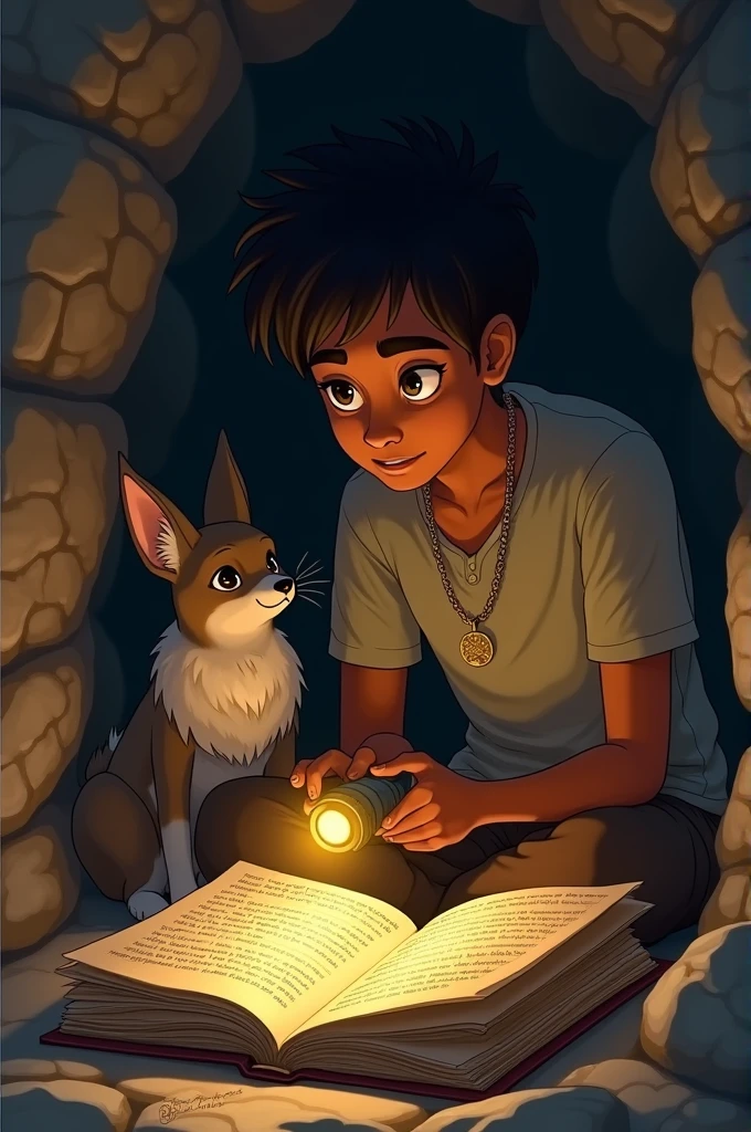 Aarav reading the journal aloud to Momo in the cave, with Momo listening intently.
- Illustrate the journal open with visible, aged pages and the room lit by a flashlight