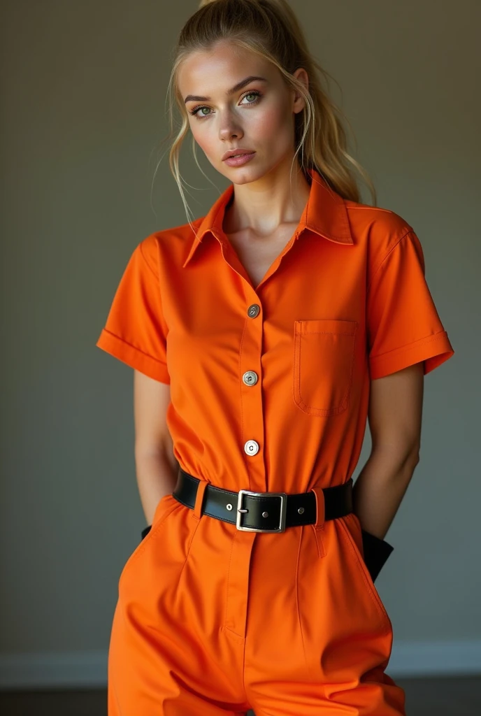 Frontal photograph of a beautiful young model with long a blonde medium length pulled back ponytail hair wearing a sexy synthetic orange prisoner jumpsuit, inmate jumpsuit, button-up, sexy view, handcuffed, hands cuffed to her back, wearing a tight black stylish belt, high black boots, short sleeves, sexy pose, very attractive look, skinny, anorexia, 1, thin and athletic body, (thin girl 1:5), short sleeves, supermodel face and body, brown eyes, long pants, hands at back, elastane synthetic orange prisoner jumpsuit, jumpsuit made of elastic spandex, jumpsuit has 4 visible silver buttons, her belt is made of stylish leather, elastic jumpsuit, jumpsuit is not tight on body, perfect woman, slim, (perfect Hands), (blonde medium straight ponytail hair:1.2), (wasp waist:1.3), big heavy black stylish designer belt of leather, visible breast contours, light blonde hair, a lot of cringles and creases on the jumpsuit, light blonde hair, full body view, tops of her boots visible, sporty ponytail, short sleeves, sexy model pose, she is highlighting her but in her pose, no pockets, looking at viewer like she wants sex, 70's prisoner jumpsuit, 80's orange prison jumpsuit, 90's prisoner jumpsuit, Soviet orange prison jumpsuit, hands handcuffed, handcuffed, handcuffs on her wrists, hands at back, hands cuffed to her back, hands handcuffed to her back, full body view, knees visible, hands tied to her back, hands handcuffed to her back, hands cuffed to her back, sexy pants, pants looking sexy on her legs, sporty style ponytail, picture starting from her knees, jumpsuit made of elastic spandex, very sexy pose, pointing out her ass, belted, long pants, button-up jumpsuit, medium length light blonde loose sleek sporty ponytail 