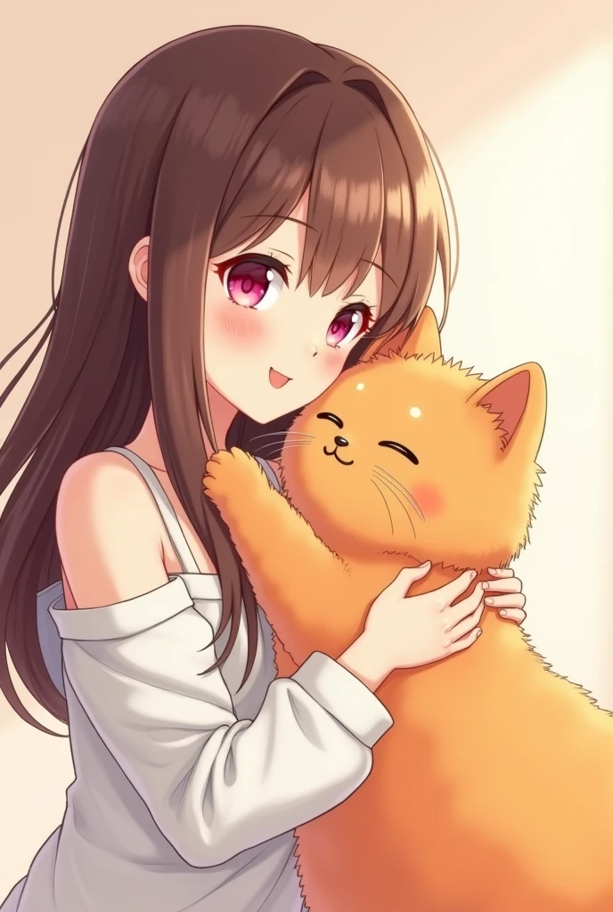 Anime girl , brown hair , long hair , pink eyes , friendly eyes , white long sleeve t shirt , open shoulders , pets a cat , orange fluffy cat , side view