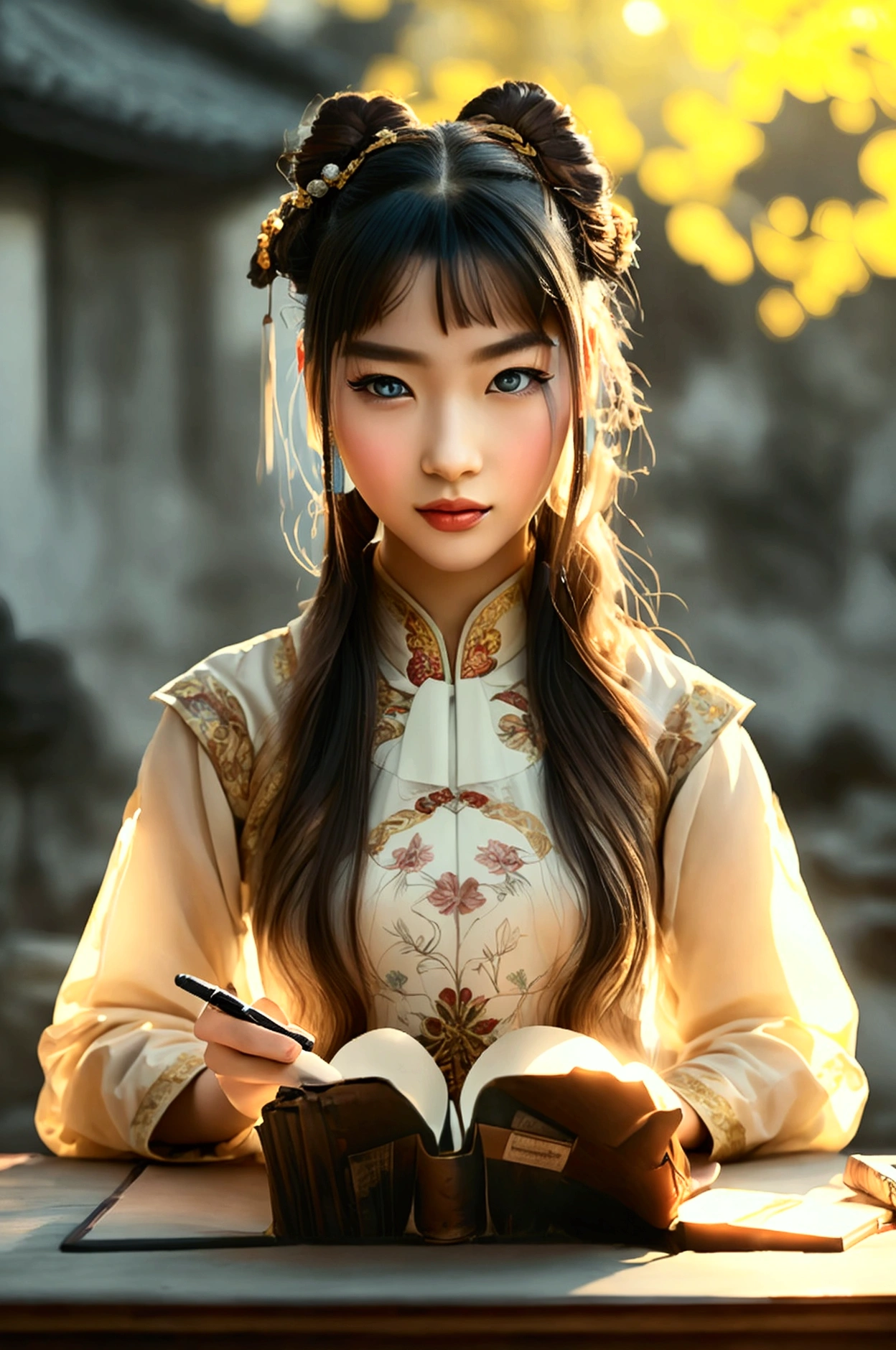 A photo of a beautiful girl in a traditional Chinese dress looking at an ancient Chinese book under a lamp on a low table in a garden surrounded by old walls on a quiet evening,((His right hand holds a pen and his left hand places it on the table..)),((masterpiece)),realist,4k,extremely detailed,((Beautiful big eyes))