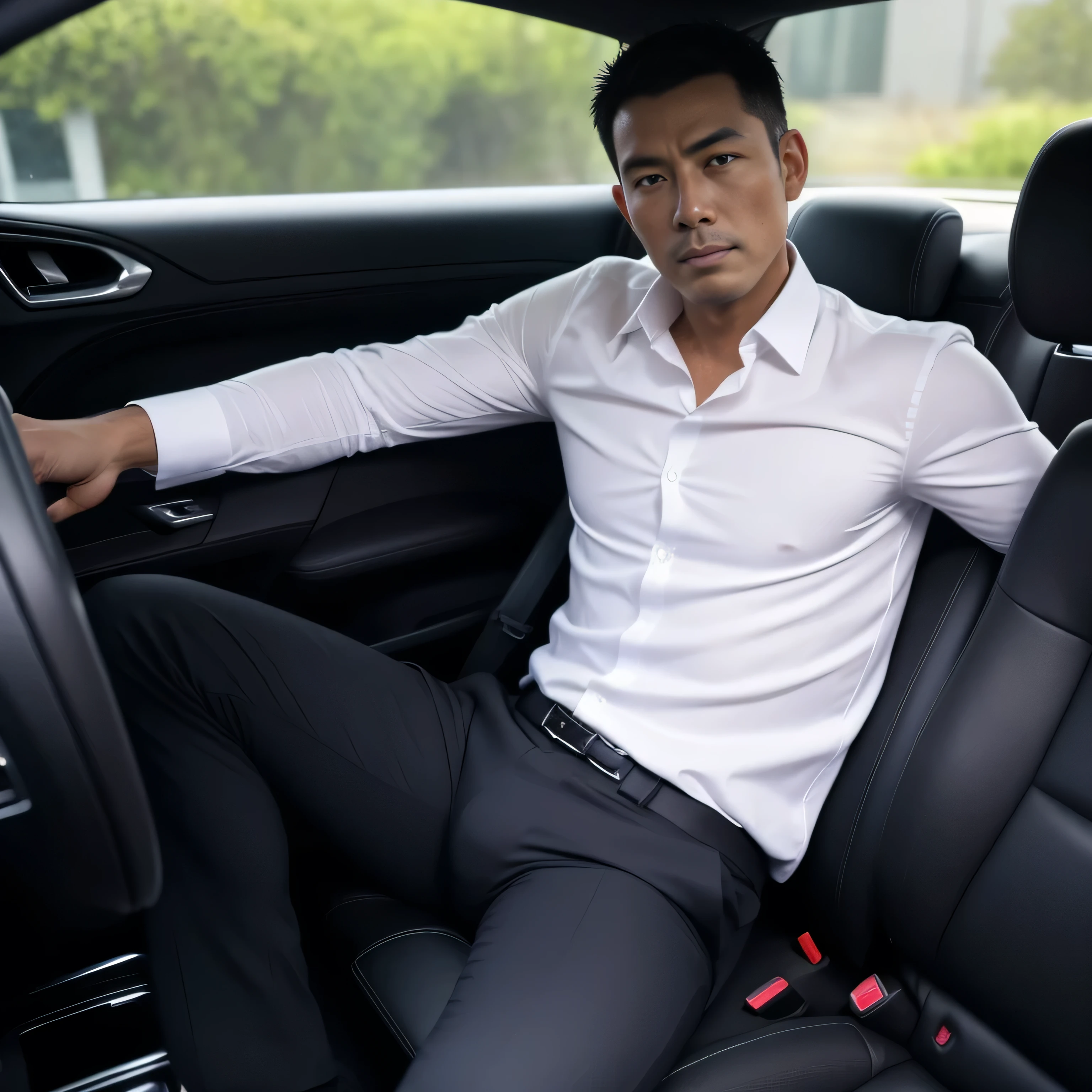 50 years old,One Man,Black Suit,Inside the car、squat、Tall dark-skinned man、Dark Asian face,muscle,Gay ,7:3 parting / all back,Stubble、Sitting with legs open、erection、The crotch area is bulging、Stubble,Asian man's face,Hermes Belt。Black socks、View from the front
