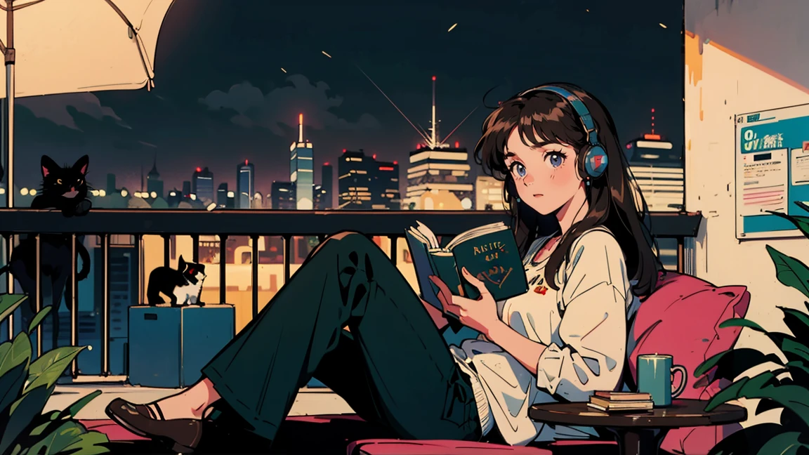 Highest quality, 8k, 1990s style,Hairstyles of the 2010s, 21 year old girl, Black Hair, Long Hair, Light brown eyes, City Pop, pants ,Night view, Wear headphones,Reading a book, whole body, Relax Coffee,table,making,look at me, Black cat