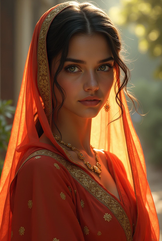 Genrate a women . Age between 25 in a slim body wearing a Indian saree take veil with that Saree