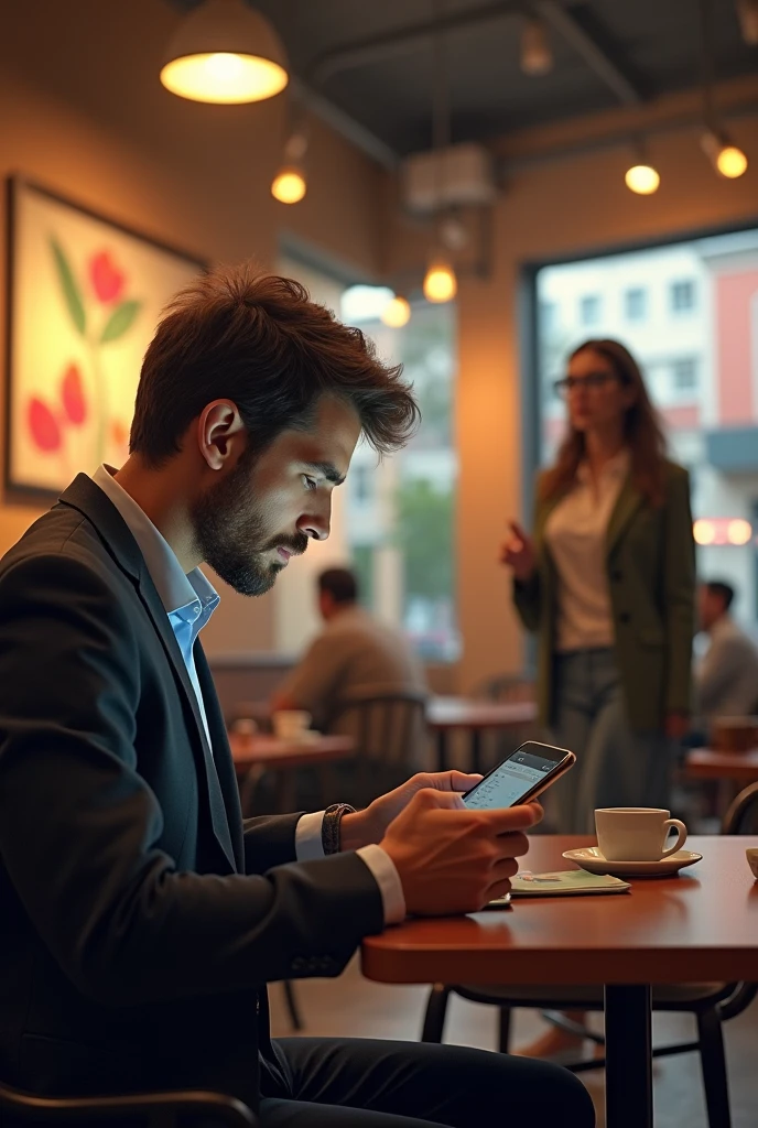 A man is sitting in a cafeteria watching the stock market on his phone when his crush , who is wearing glasses, walks in.