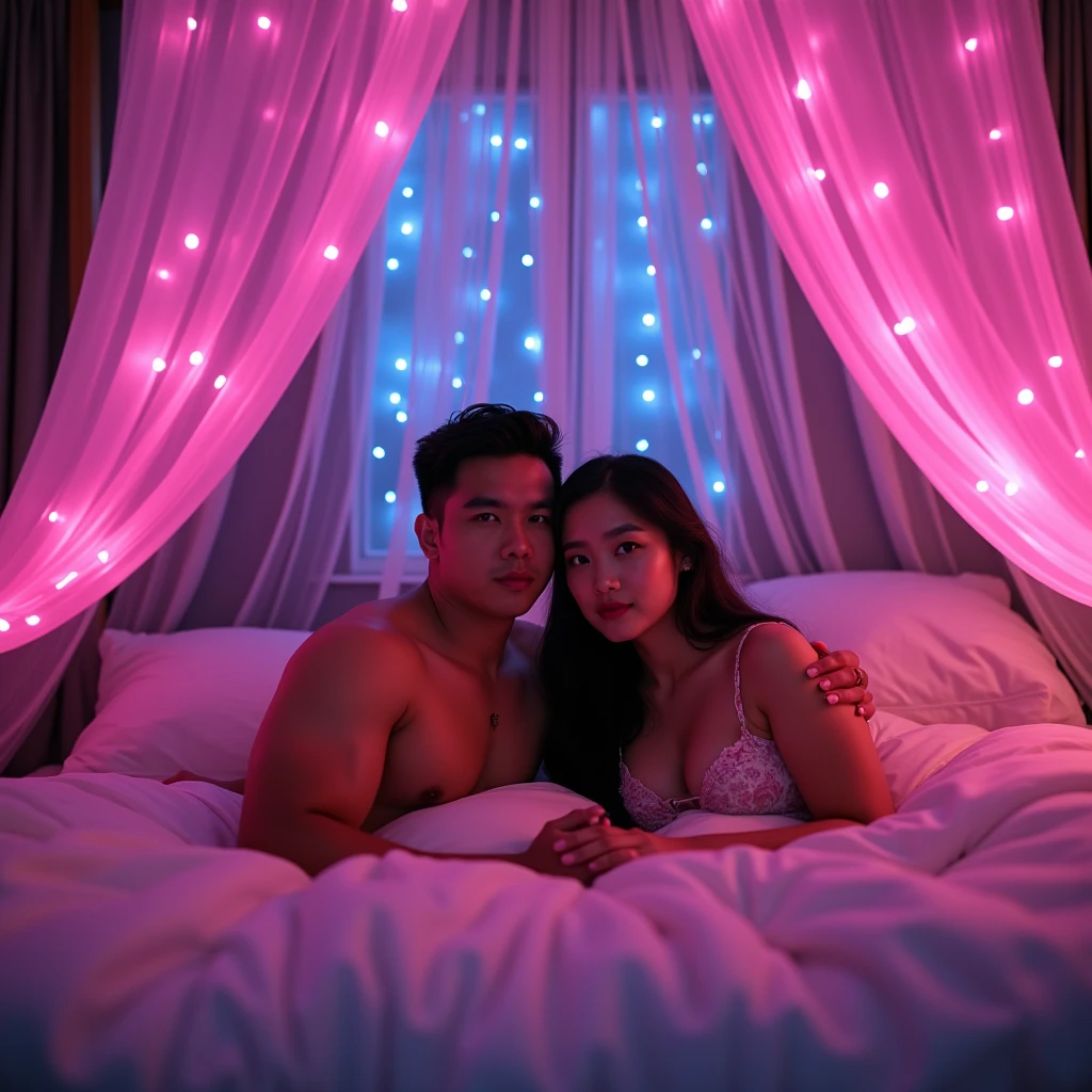 Indonesian couple. The man is a normal body, With The woman is a little chubby and huge breasted, The luxurious bedroom is decorated with a mosquito net with RGB neon backlight as a background detail, lying on the pillow bed together under the fluffy white blanket. Look at the viewer, natural light, realistic photography, wide angle shot from top.