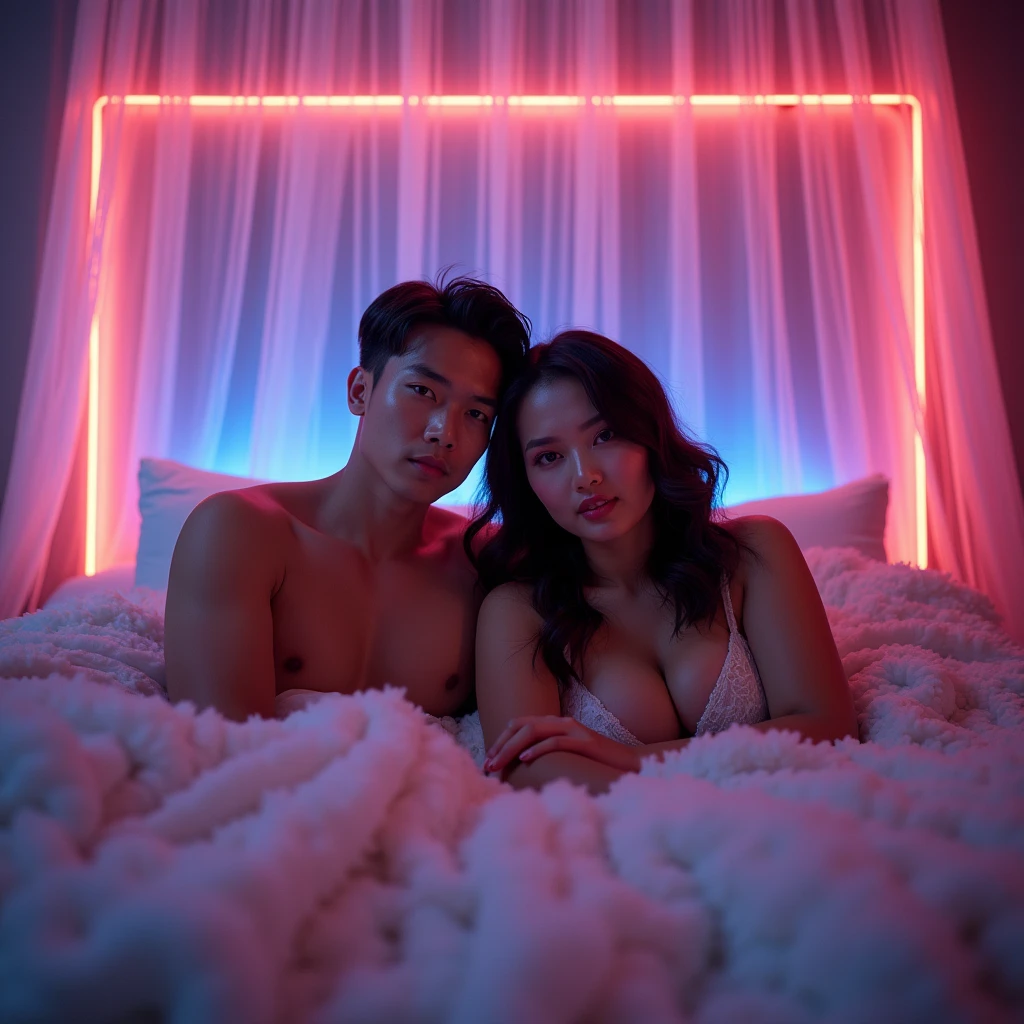 Indonesian couple. The man is a normal body, With The woman is a little chubby and huge breasted, The luxurious bedroom is decorated with a mosquito net with RGB neon backlight as a background detail, lying on the pillow bed together under the fluffy white blanket. Look at the viewer, natural light, realistic photography, wide angle shot from top.