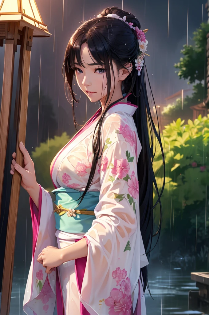 Grassland after the rain、(Highest quality,4K,8k,High resolution,masterpiece:1.2)、 Very detailed, (Realistic,Realistic,Photorealistic:1.37),High resolution、Physically Based Rendering、Vibrant colors、Ancient War Landscapes、Traditional Chinese Painting Techniques、Atmospheric lighting、Vivid color contrast、Visually stunning composition、Very detailed目と顔,、Beautiful attention to detail、 Light on the face、 (Hanfu: 1.1)、My clothes are wet and transparent、Pale pink nipples are visible、((Soaked skin from head to toe))、((Rain-soaked clothes(Rain dripping from clothes))、((The lines of her body are clearly visible through her wet kimono..))、Dynamic pose、Small breasts、Ancient War Landscapes