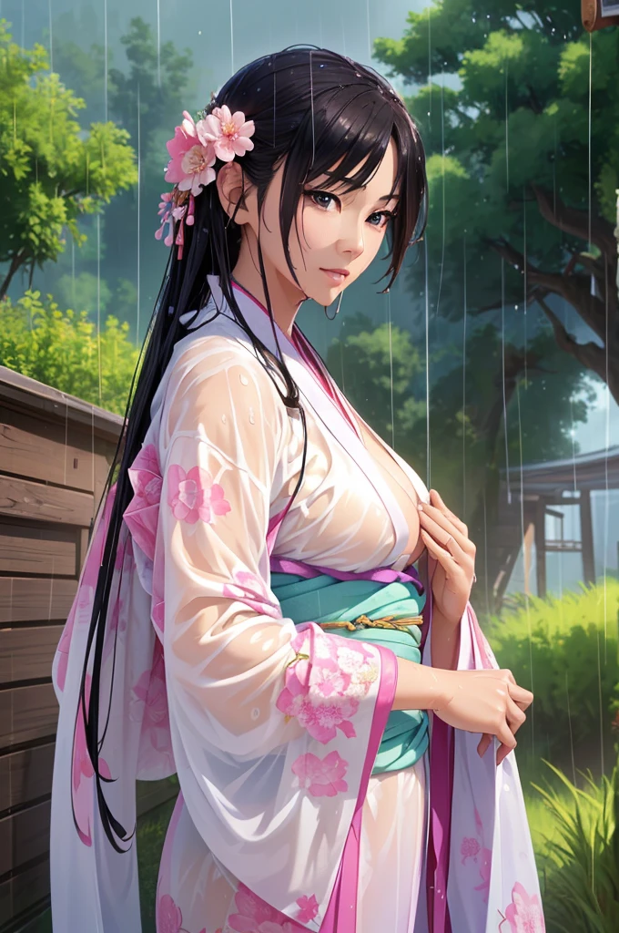 Grassland after the rain、(Highest quality,4K,8k,High resolution,masterpiece:1.2)、 Very detailed, (Realistic,Realistic,Photorealistic:1.37),High resolution、Physically Based Rendering、Vibrant colors、Ancient War Landscapes、Traditional Chinese Painting Techniques、Atmospheric lighting、Vivid color contrast、Visually stunning composition、Very detailed目と顔,、Beautiful attention to detail、 Light on the face、 (Hanfu: 1.1)、My clothes are wet and transparent、Pale pink nipples are visible、((Soaked skin from head to toe))、((Rain-soaked clothes(Rain dripping from clothes))、((The lines of her body are clearly visible through her wet kimono..))、Dynamic pose、Small breasts、Ancient War Landscapes