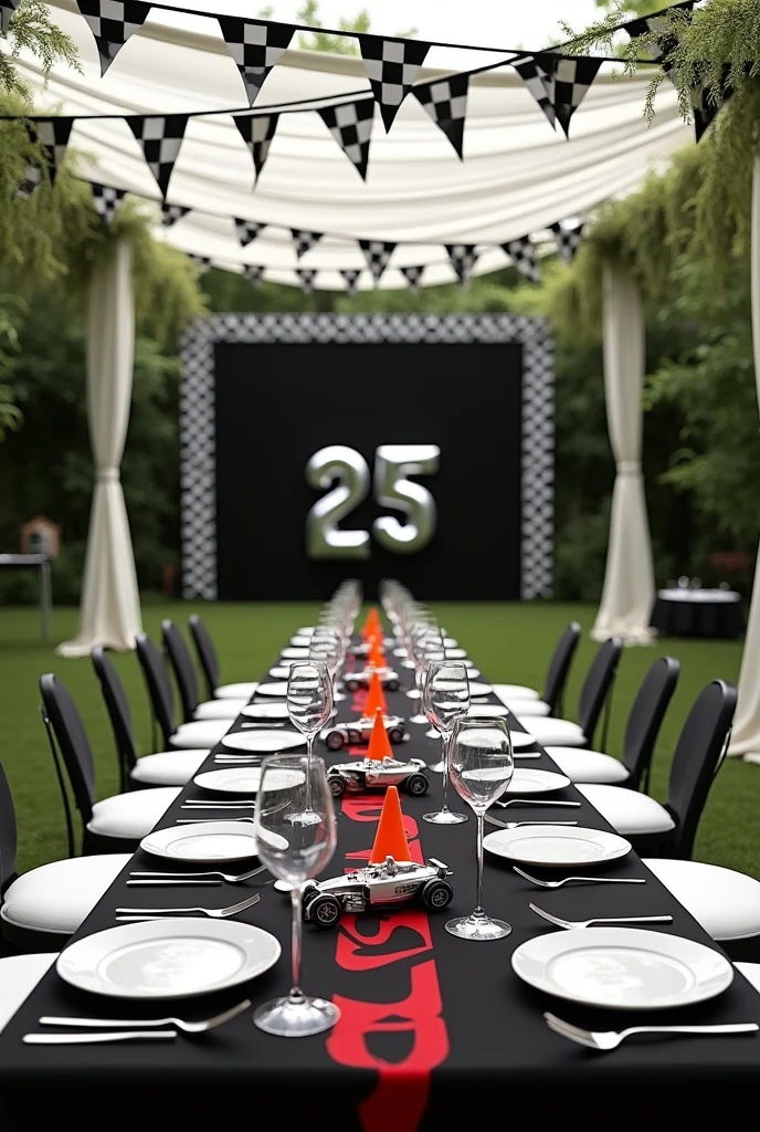 Un jardin dans lequel il y a 2 tables alignés sur les tables une nappe ???? avec quelques dessins de voiture de formule 1 dessus des assiettes en porcelaine blanche des verres à vin et à champagne les couvert en argent repose sur une mini voiture argenté il y a 3 plot oranges au milieu de la table où sont plantés des mini drapeau à damier au dessus des table il y a une tonnelle blanche en tissus avec autour des fanion damier. Plus loin sur la droite il y a un coin photo avec en fond un drap noir avec sur les côté une fine bande de motif damier au milieu du draps il a des gros ballons chiffre argenté accroches pour former le nombre 25 et devant le drap il y a un podium de compétition avec 3 niveau