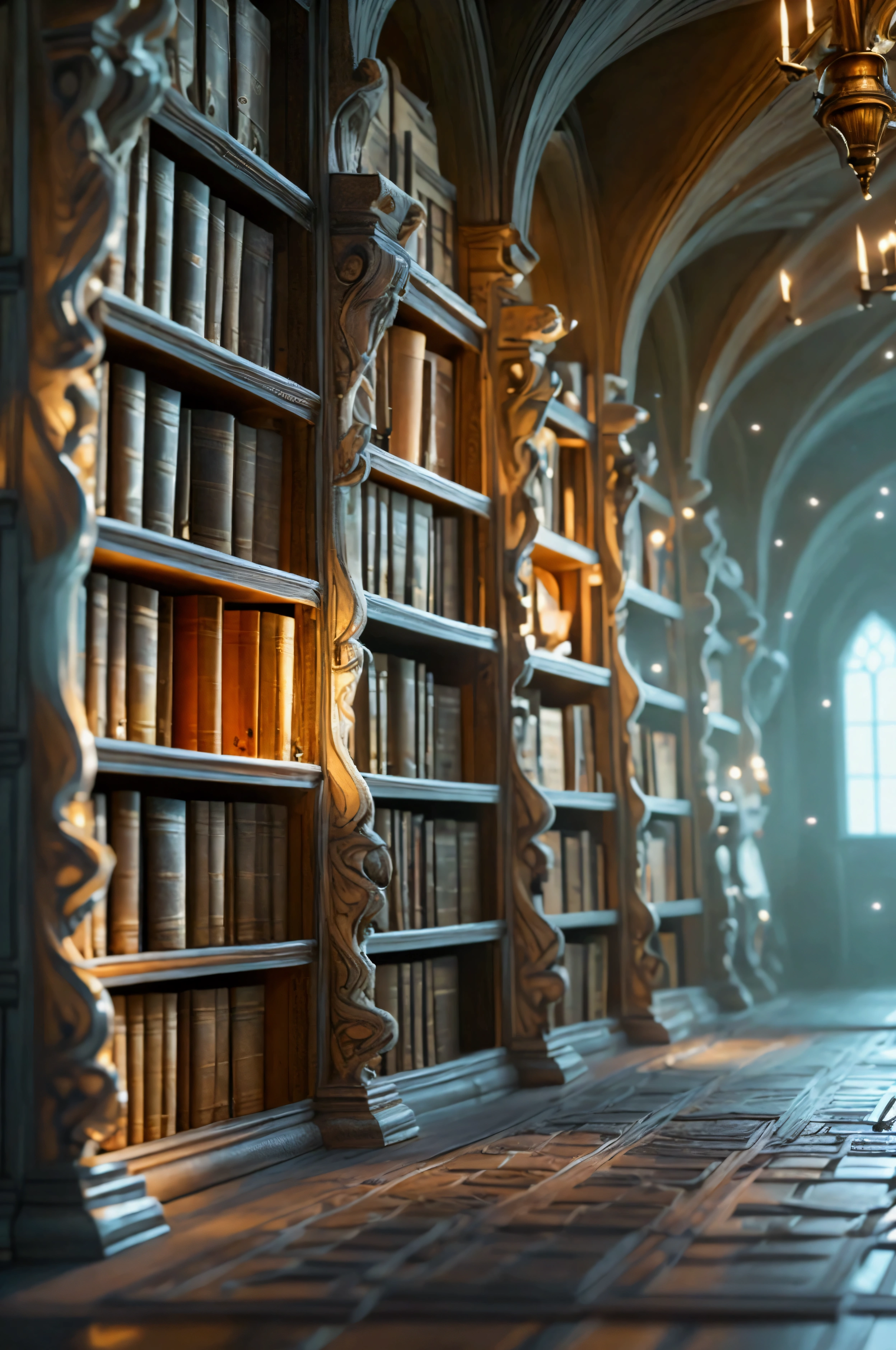 An ancient and arcane library housing books from forgotten worlds. Each book emits a soft light of a different color, and the shelves seem to have no end, stretching up and down in a space that defies gravity. Magical scrolls and ghostly figures whispering ancient knowledge float in the air..