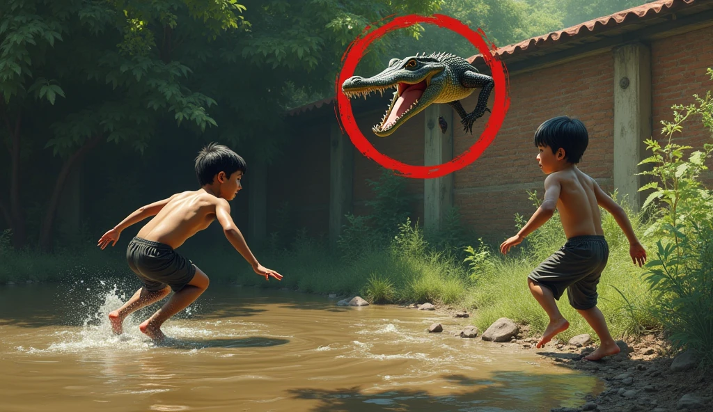 A dramatic scene shows two boys poised near a muddy river. One boy is in mid-jump into the water, while another stands on the riverbank, appearing shocked. In the water, a crocodile is highlighted within a red circle, increasing the tension of the moment. The background features lush greenery and a brick wall