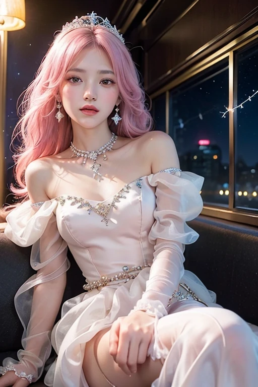 (8K, Top quality, masterpiece:1.2), (Realist, Photorealistic:1.37), Super Detail, A girl,), (Very detailed), (Beautifully detailed eyes), (Highest quality), (Very detailed ), (masterpiece), (Delicate face),20 years old, ,1 girl, ((Pink Hair,Long hair)), Medium breasts, wearing clothes, Perfect lighting, rest, (Elegant white dress:1.5), Goddess-like, (Long moving train:1.3), (Luxurious silk:1.2), (Shiny satin:1.2), (Exquisite organza:1.2), (Exquisite embroidery:1.2), (Dazzling pearls:1.2), (shiny sequins:1.1), (Off-the-shoulder corset:1.1), Romantic, (Thin waistband:1.1), (Elbow-length long gloves:1.1), (Exquisite crown:1.1), statement earrings, Pearl Necklace, (Stilettos:1.1), Transparent socks, rest, (Elegant Posture:1.2), ( Upper body to thigh:1.1), (long Pink Hair:1.2), wave, (Smile:1.1), (Crab constellation:1.3), (Mysterious night sky:1.4), (Soft lighting:1.2), (sharp contrast:1.2)
