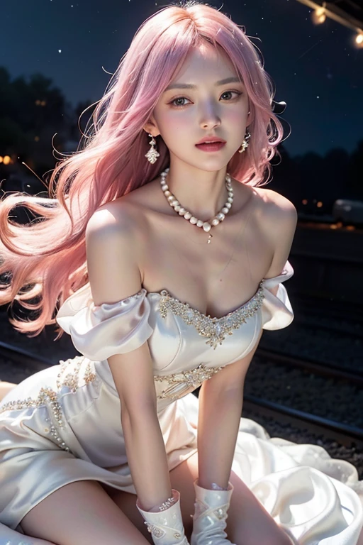 (8K, Top quality, masterpiece:1.2), (Realist, Photorealistic:1.37), Super Detail, A girl,), (Very detailed), (Beautifully detailed eyes), (Highest quality), (Very detailed ), (masterpiece), (Delicate face),20 years old, ,1 girl, ((Pink Hair,Long hair)), Medium breasts, wearing clothes, Perfect lighting, rest, (Elegant white dress:1.5), Goddess-like, (Long moving train:1.3), (Luxurious silk:1.2), (Shiny satin:1.2), (Exquisite organza:1.2), (Exquisite embroidery:1.2), (Dazzling pearls:1.2), (shiny sequins:1.1), (Off-the-shoulder corset:1.1), Romantic, (Thin waistband:1.1), (Elbow-length long gloves:1.1), (Exquisite crown:1.1), statement earrings, Pearl Necklace, (Stilettos:1.1), Transparent socks, rest, (Elegant Posture:1.2), ( Upper body to thigh:1.1), (long Pink Hair:1.2), wave, (Smile:1.1), (Crab constellation:1.3), (Mysterious night sky:1.4), (Soft lighting:1.2), (sharp contrast:1.2)