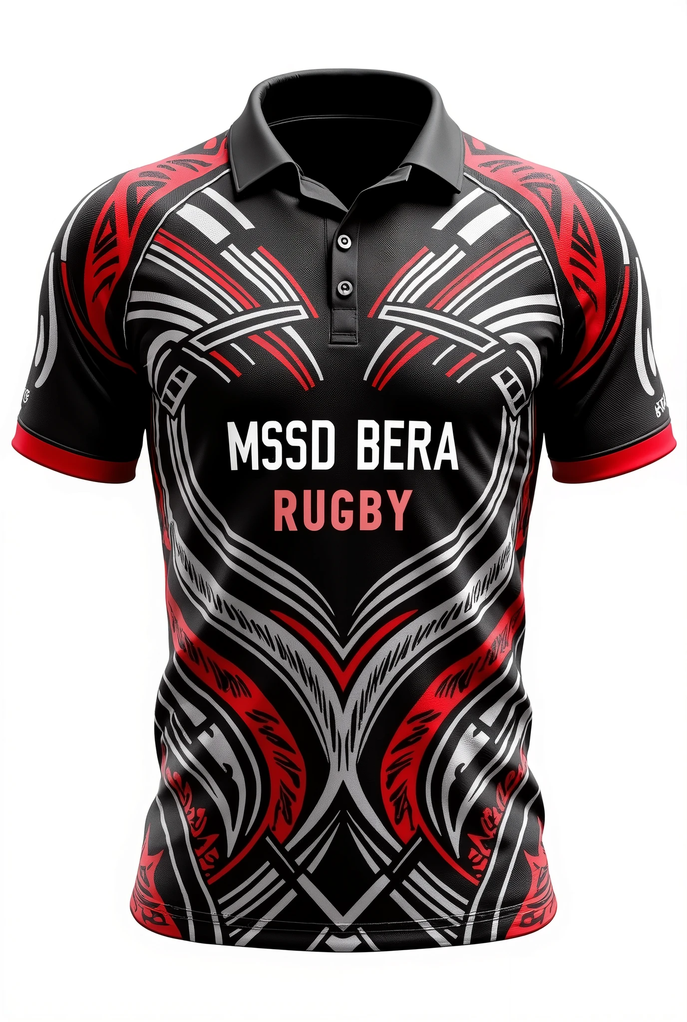 Create rugby jersey maori tribe full pattern black white red at sleeve retro black collar white background front and back design side by two side clear design at centre wrote MSSD BERA RUGBY
