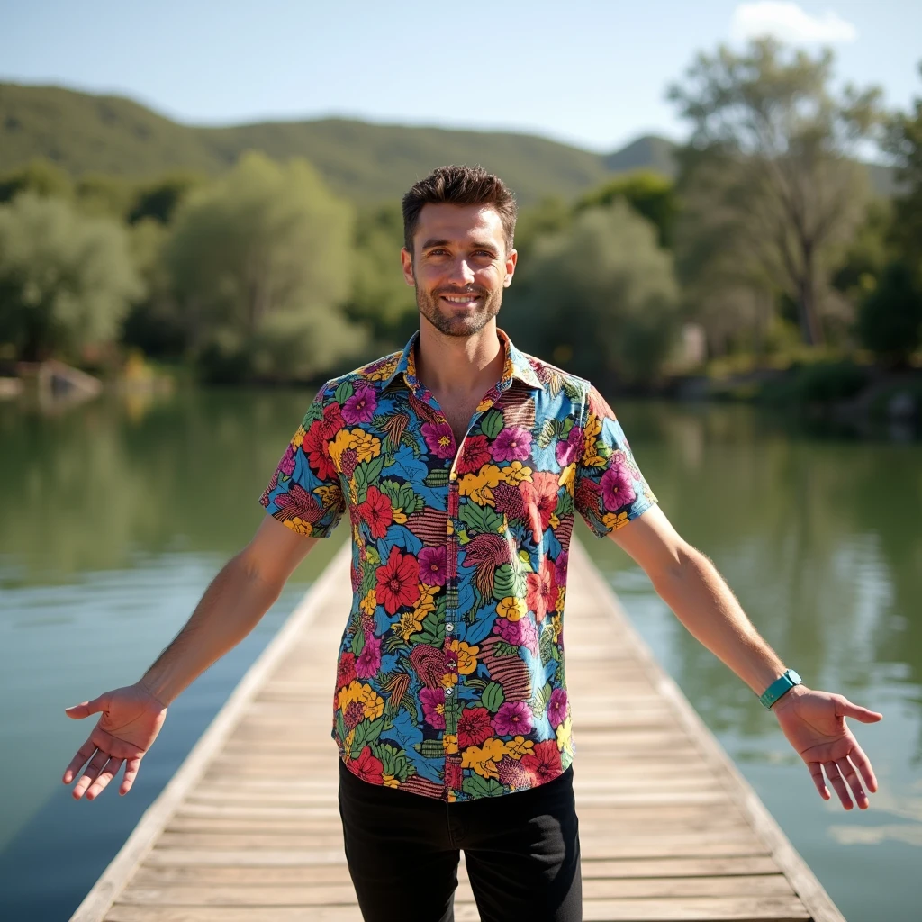 makes image of a white man, at 3, model type, with short dark hair, with blue eyes, wearing colorful shirt, black pants, on a wooden pier on a lake in Alentejo, facing the camera, opening your arms.