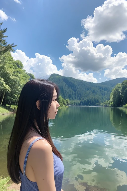 square picture, a woman in her 20s facing away in the distance in the middle, surrounded by a lake and forest, clear blue sky with some clouds