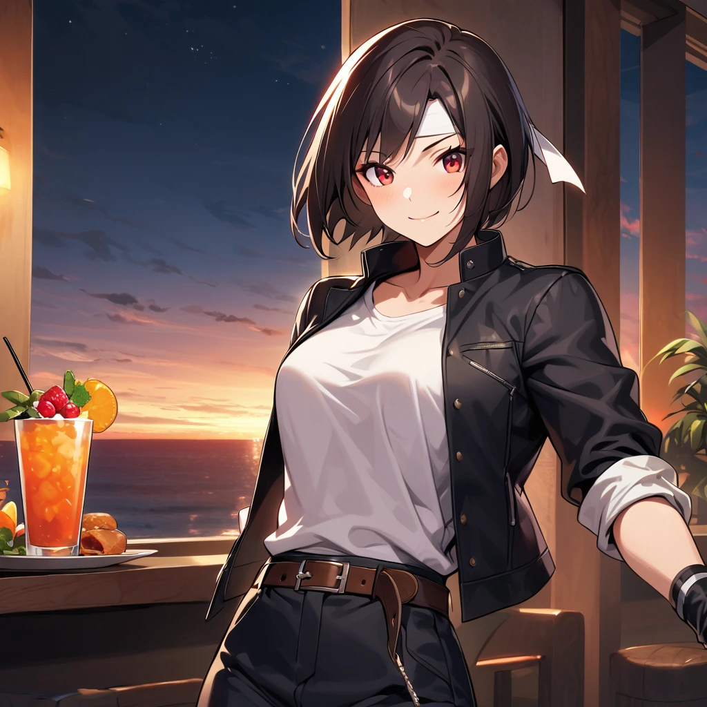 flirtatious,single,female,short hair,dark hair,sallow skin, ((white headband)),red eyes,black jacket (rolled up arms),fingerless gloves,white t-shirt,black pants,white shoes,brown belt,cute,indoor-oriented,night,night breeze,ocean view,slightly busty,outdoors,high quality,well-developed face , fine, confident smile, dining with friends at a terrace restaurant, eating Hawaiian food.