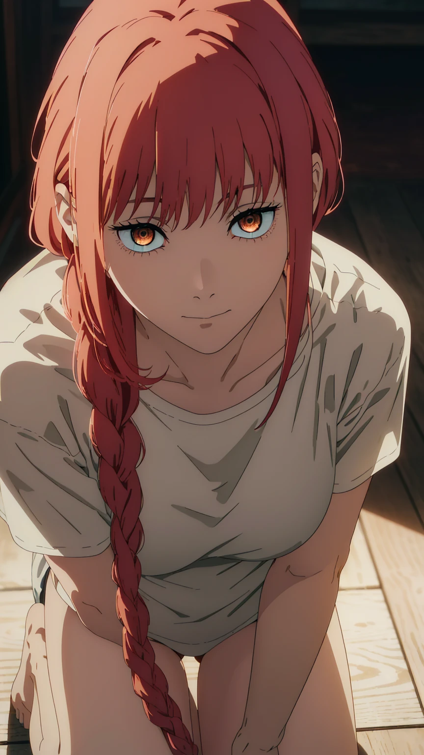 masterpiece,best quality, official art, extremely detailed CG unity 8k wallpaper, ((top quality, 8k, masterpiece: 1.3, ultra hd, high quality, best quality, high definition, ((realism)), sharp focus: 1.5,(Very detailed CG unity 8K wallpaper), Dark Cinematic Lighting, cinematic lighting, makima \(Chainsaw Man\),detailed gold eyes, beautiful eyes, close up, looking at viewer, ((full open white T shirt)), Medium Breast ,Red hair, Long braided red hair, , dark background, kneeling, The best quality, (white panties),