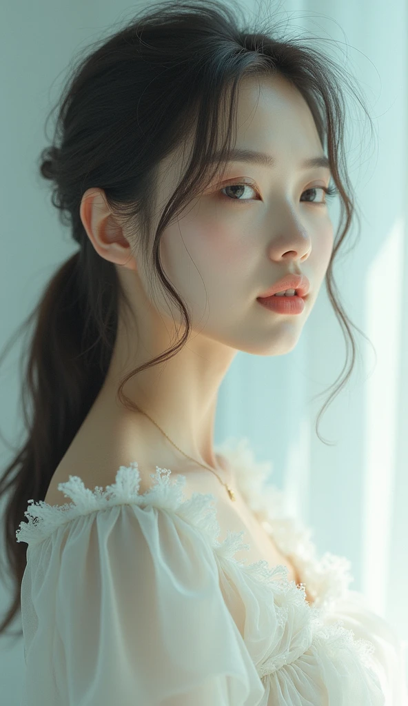 but something comes out, nothing comes out, pure devine pale skin, woman, 8K, Ponytail hair, cute smile, crystal clear view