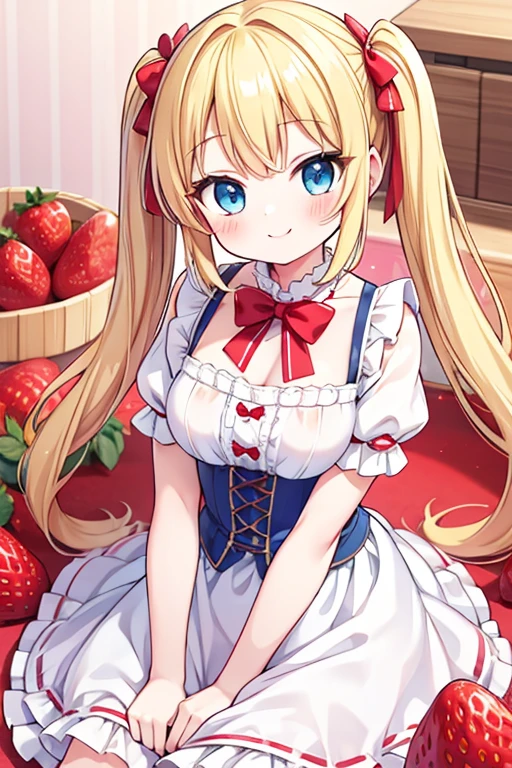 A happy smile,Large strawberry shortcake,Highest quality,Blonde with blue eyes、ta、Small breasts、Twin tails、girl'enjoy,smile,bonnet,