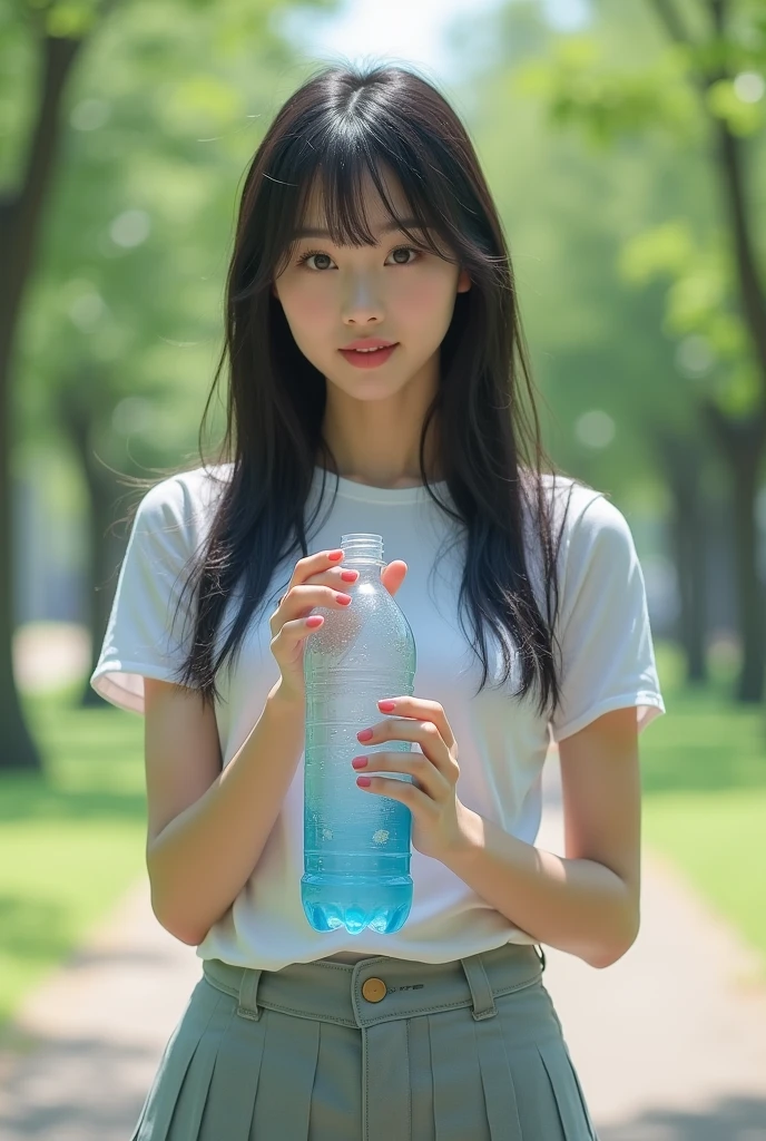 One woman,25-years old,large full breasts,a park,Daytime,Looking over here,Front Angle,Mouth is open,Have a plastic bottle,So that the whole body is reflected,a miniskirt,The shirt,Valley,Very delicate,Realistic as a photo,Japan women,cute  face