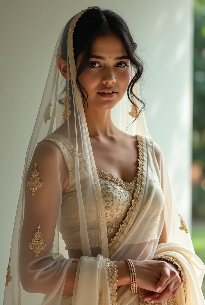 Genrate a women . Age between 25 in a slim body wearing a Indian saree take veil with that Saree image in 9:16
