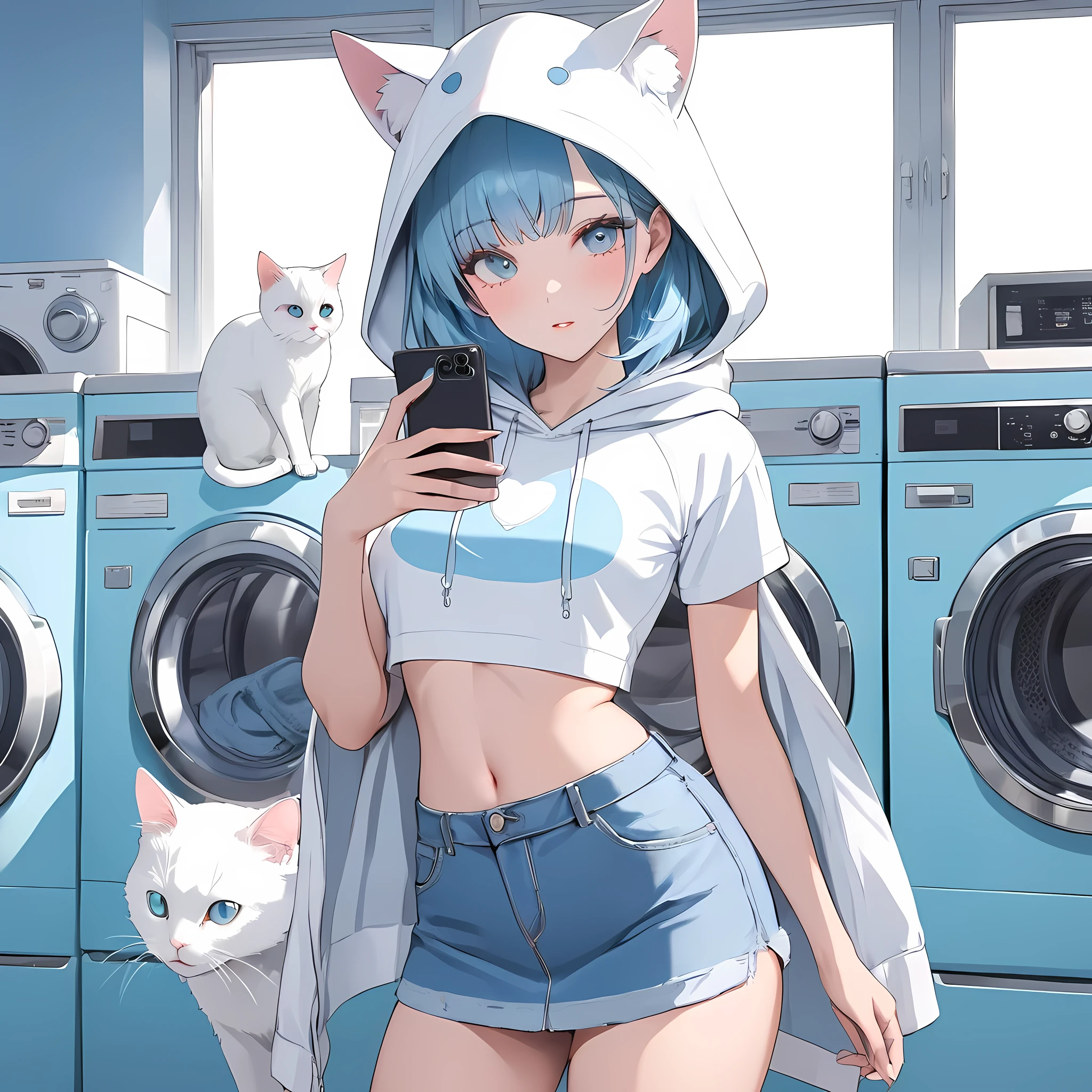 NSFW, (anime art),(masterpiece),(highest quality:1.2),((Perfect Anatomy)),(Perfect Fingers:1.3),(1 girl),(solo),(white hoodie costume:1.3),(put a hood on head:1.3),(white cat ears on hood:1.3),(denim skirt:1.2),beautiful and detailed blue eyes,girl with a pretty face,pastel blue hair,(Hold a smartphone with one hand and operate it with one hand),(in retro laundromat),(retro blue washing machine),(pastel blue theme), (crop top) (stomach exposed) (pussy) ,wide shot