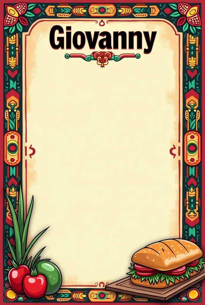 Design a Mexican style page, Aztec icon borders, Mexican food listing, that its menu contains sandwiches and bread with ham, Title says in Spanish "GIOVANNY" in letters at the top of the page